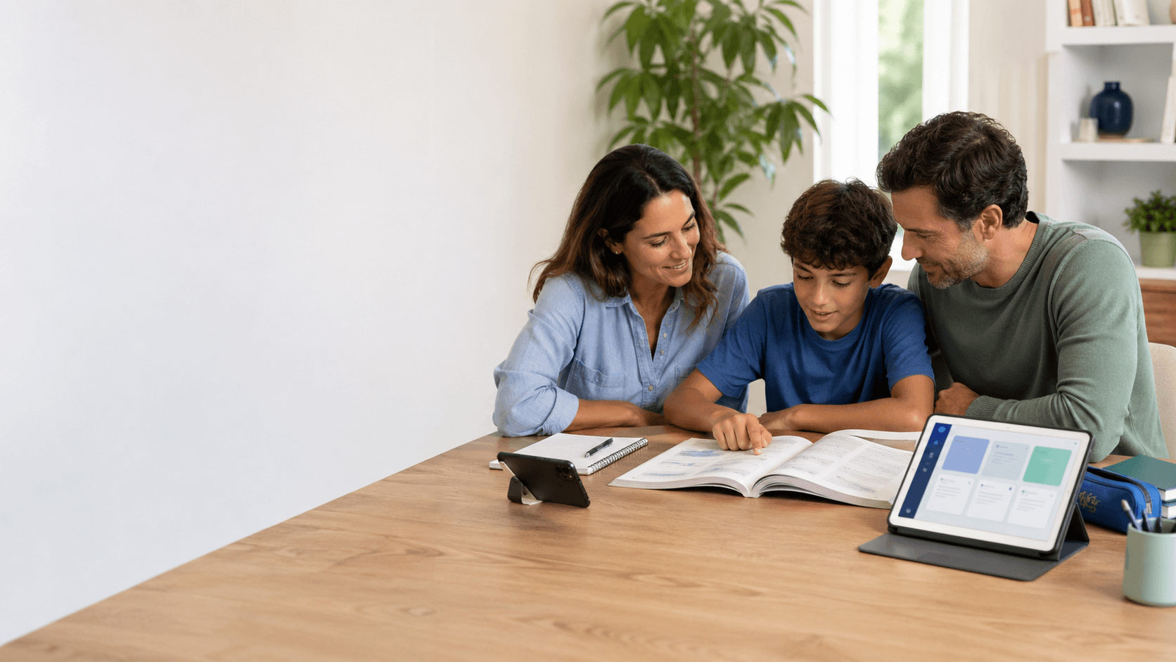 Família a usar a FichaPronta com manual escolar e fichas de estudo